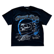 Black t-shirt with a graphic design of a skull in an astronaut helmet and text on a white background