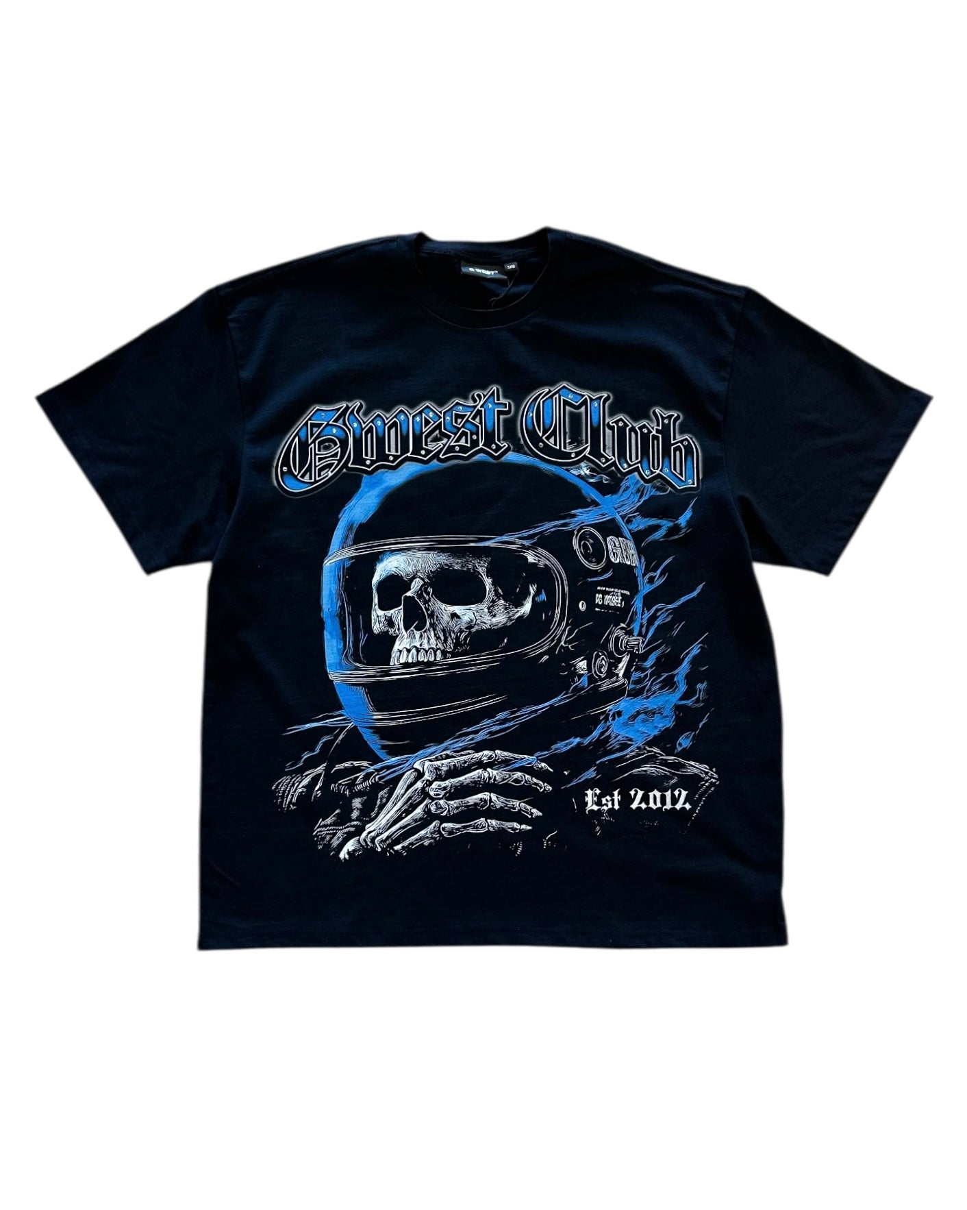 Black t-shirt with a graphic design of a skull in an astronaut helmet and text on a white background