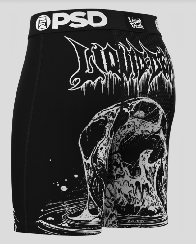 Black underwear with white graphic design and 'PSD' branding on a light gray background