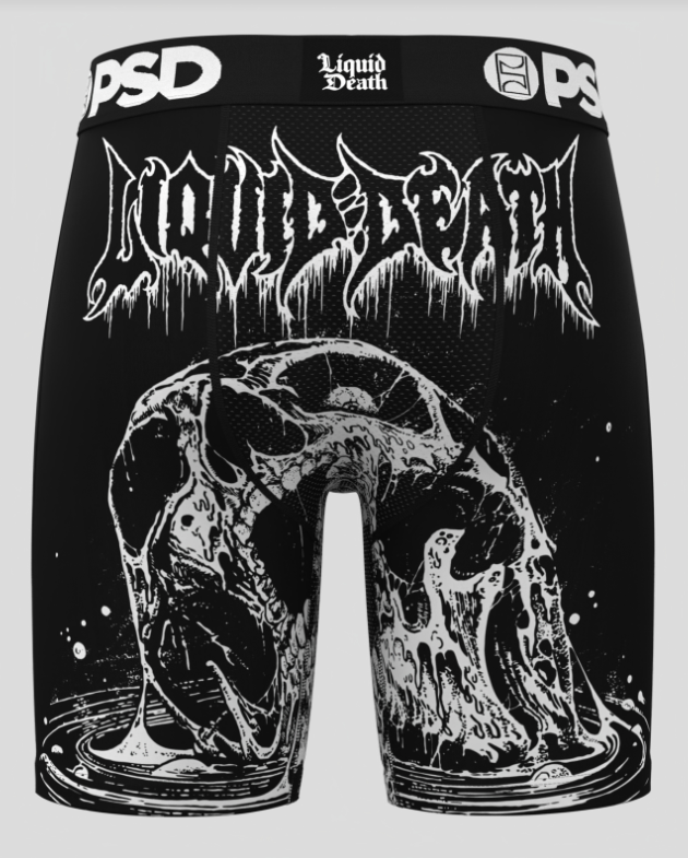 Black underwear with graphic design and brand logos on a white background