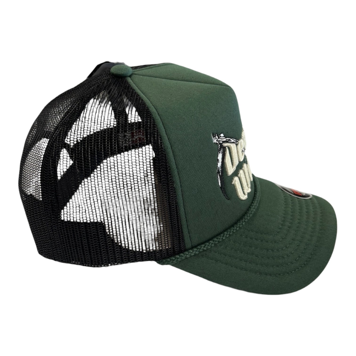 Green trucker cap with black mesh back on a white background