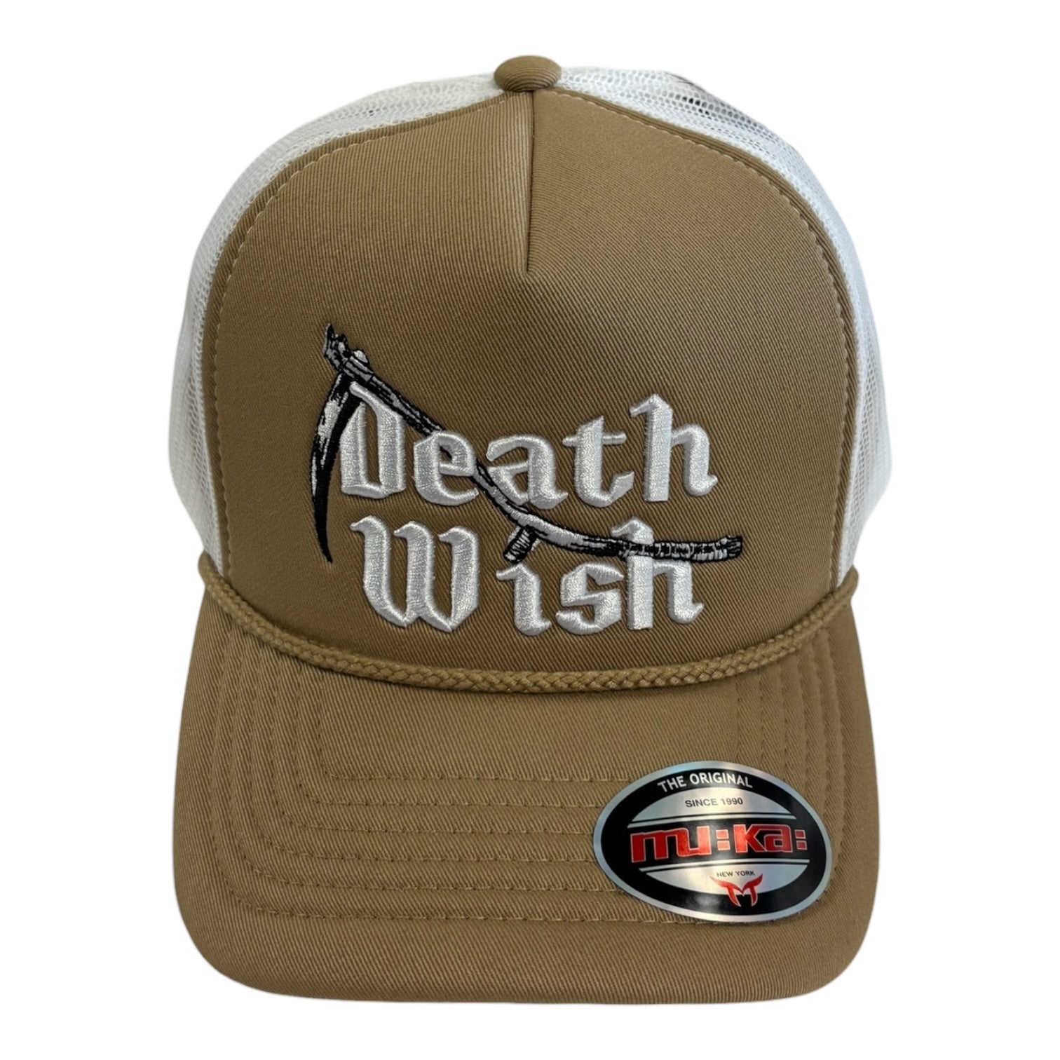 Brown cap with 'Death Wish' logo and MUKLAYS brand on a white background