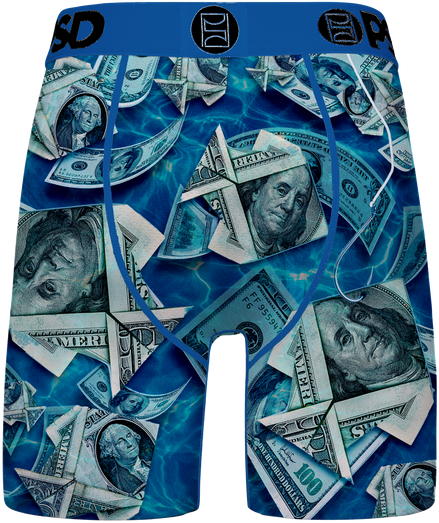 BRIEFS with dollar bill pattern on a blue background