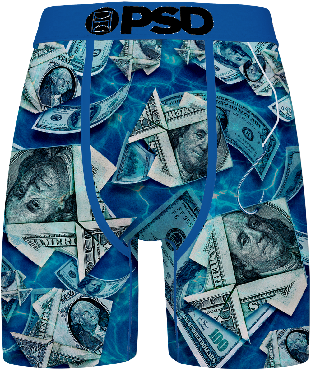 BRIEFS with dollar bill pattern and 'PSD' branding on a blue background