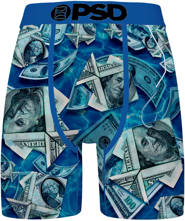 BRIEFS with dollar bill pattern and 'PSD' branding on a blue background