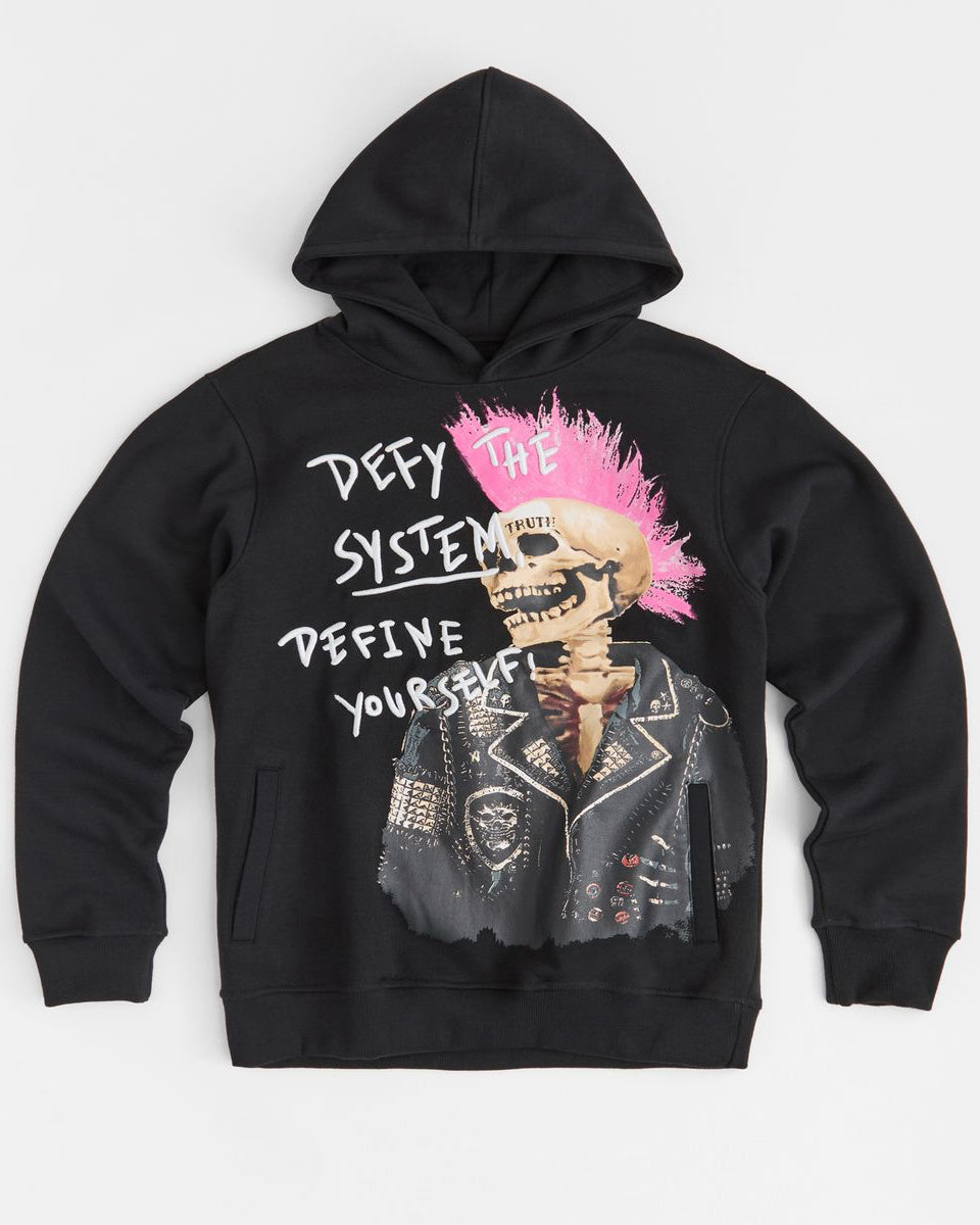 Black hoodie with a graphic design of a skeleton wearing a leather jacket and text on a white background