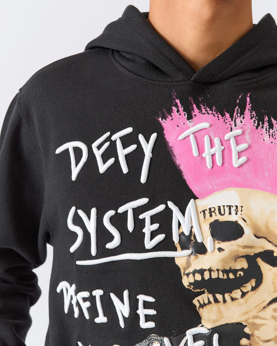 Black hoodie with white text and a skull design on a plain background