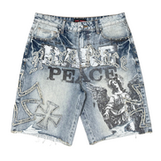 Denim shorts with graphic designs and text on a white background