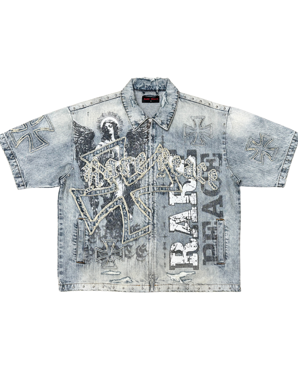 Denim shirt with graphic designs and text on a white background