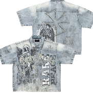 Denim shirt with graphic designs and text on a white background