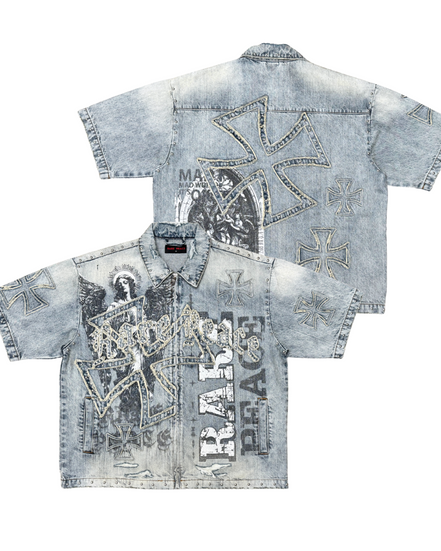 Denim shirt with graphic designs and text on a white background