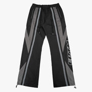 Black and gray pants with a brand logo on a white background