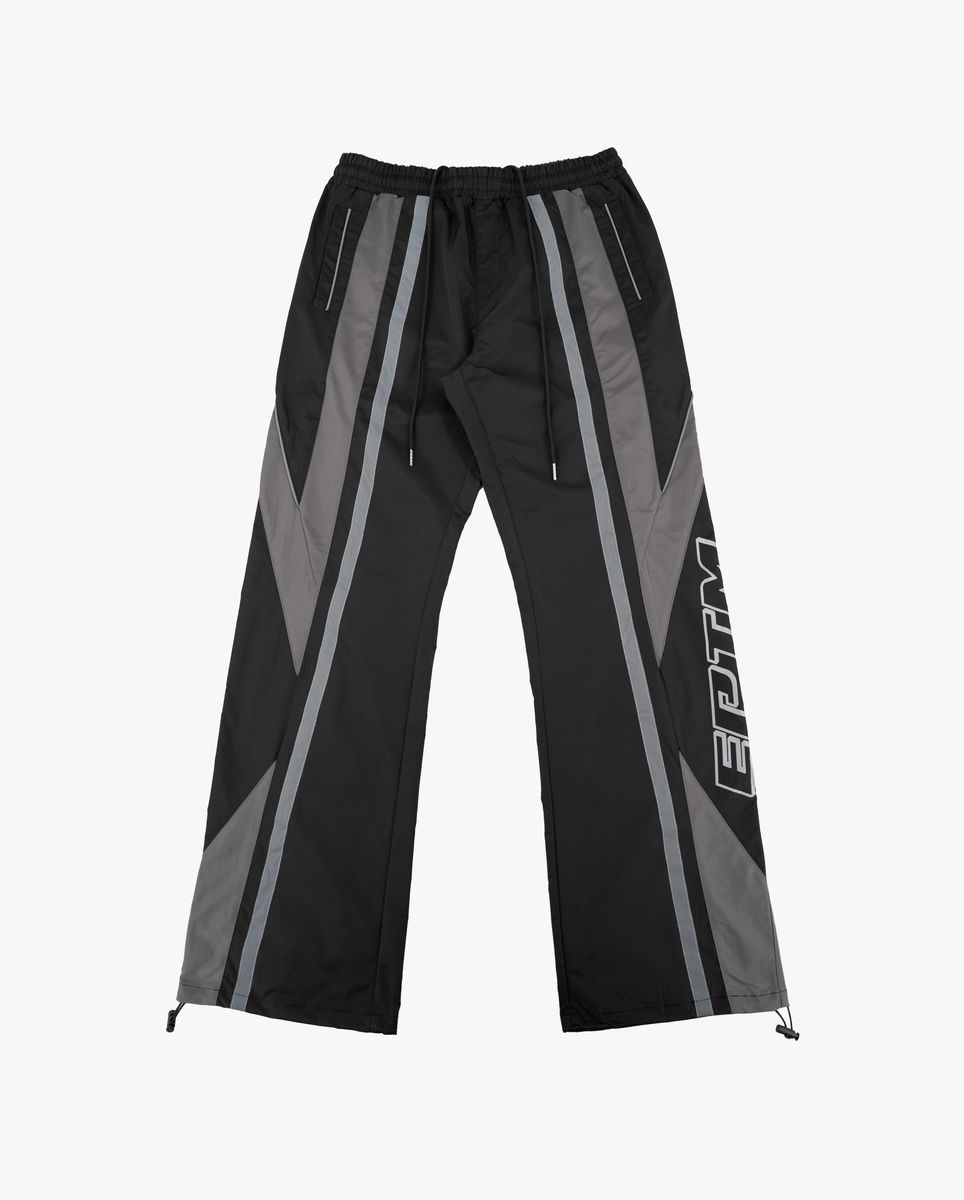 Black and gray pants with a brand logo on a white background