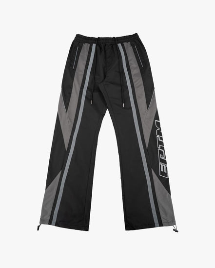 Black and gray pants with a brand logo on a white background