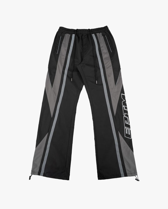 Black and gray pants with a brand logo on a white background