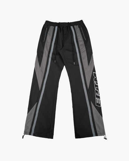 Black and gray pants with a brand logo on a white background