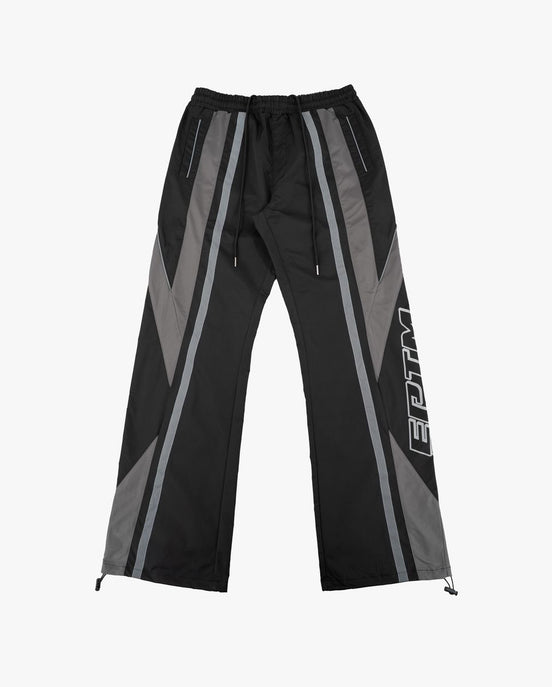 Black and gray pants with a brand logo on a white background