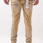 Beige jeans worn by a person on a white background