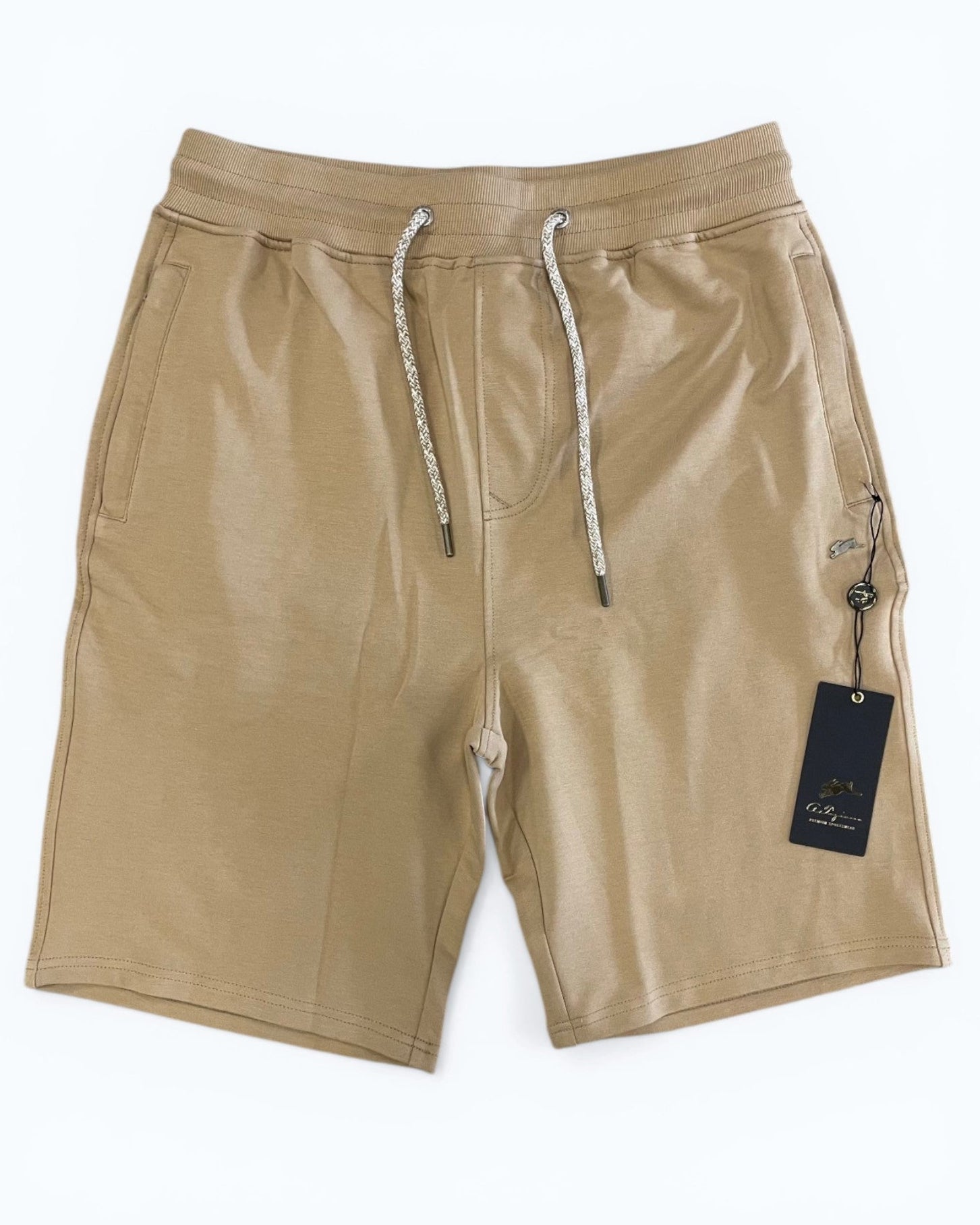 Beige shorts with a drawstring on a white background
