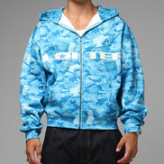 Person wearing a blue camouflage hoodie with 'LOITER' branding on a gray background