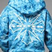 Blue camouflage hoodie with 'LOFTER' branding on the back, worn by a person.