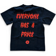 Black t-shirt with red text and a lip print on a white background