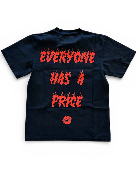 Black t-shirt with red text and a lip print on a white background