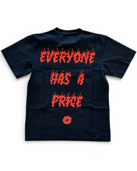Black t-shirt with red text and a lip print on a white background
