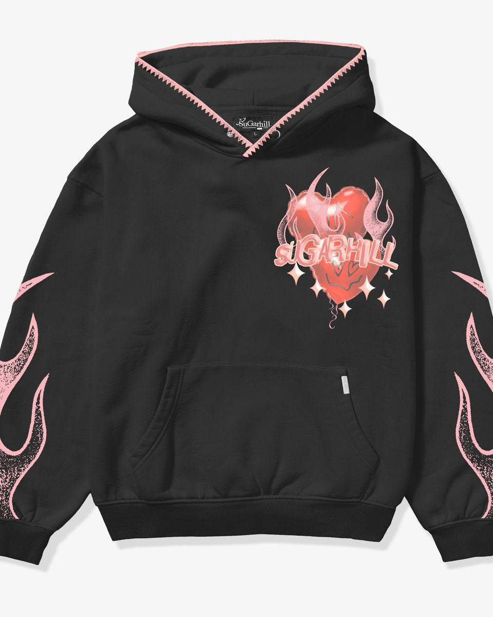 Black hoodie with pink heart and flame design on a white background