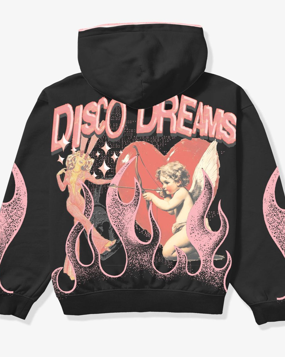 Black hoodie with 'Disco Dreams' design on the back featuring cherubs and flames.