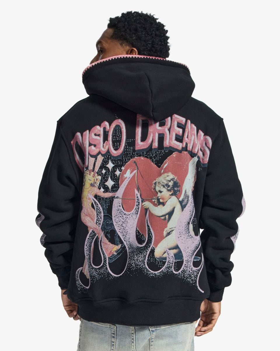 Black hoodie with 'Disco Dreams' design on the back, worn by a person.
