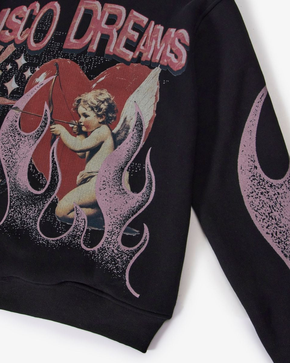 Black sweatshirt with 'Disco Dreams' design featuring flames and cherub on a white background
