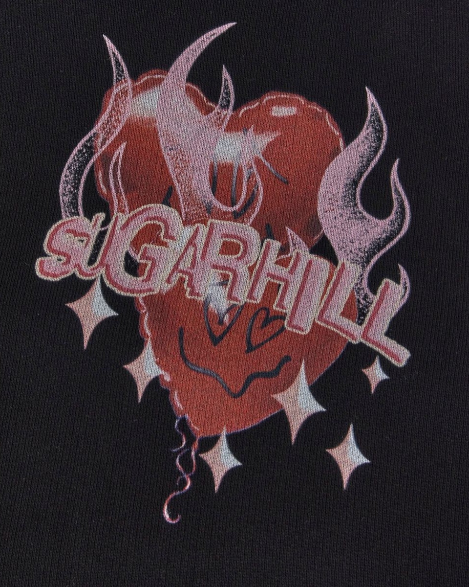 Sugahill logo with flames on a black background