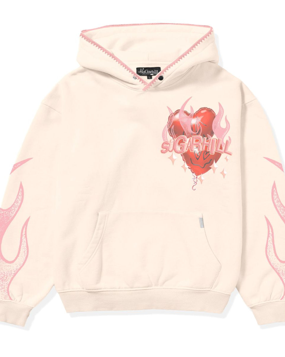 Beige hoodie with a red heart design and flames on a white background
