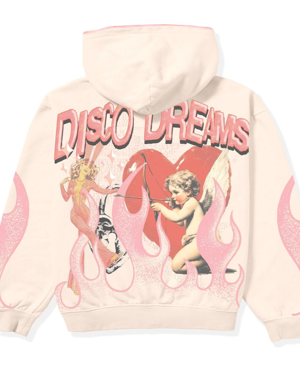 Beige hoodie with 'Disco Dreams' text and angel graphic on a white background