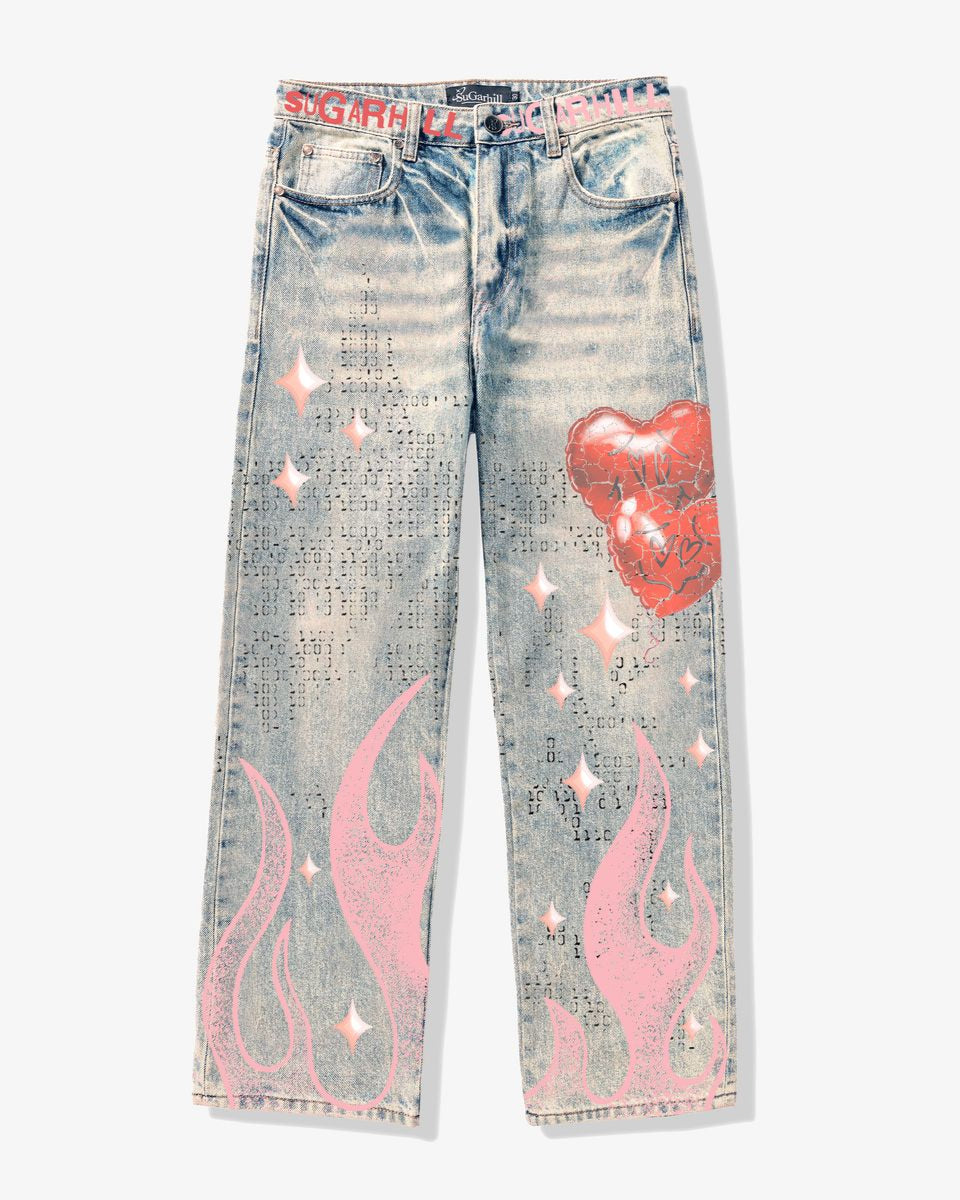 Denim jeans with red heart and pink flames design on a white background