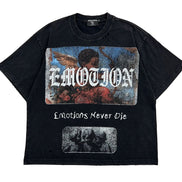 Black t-shirt with graphic design and text on a white background
