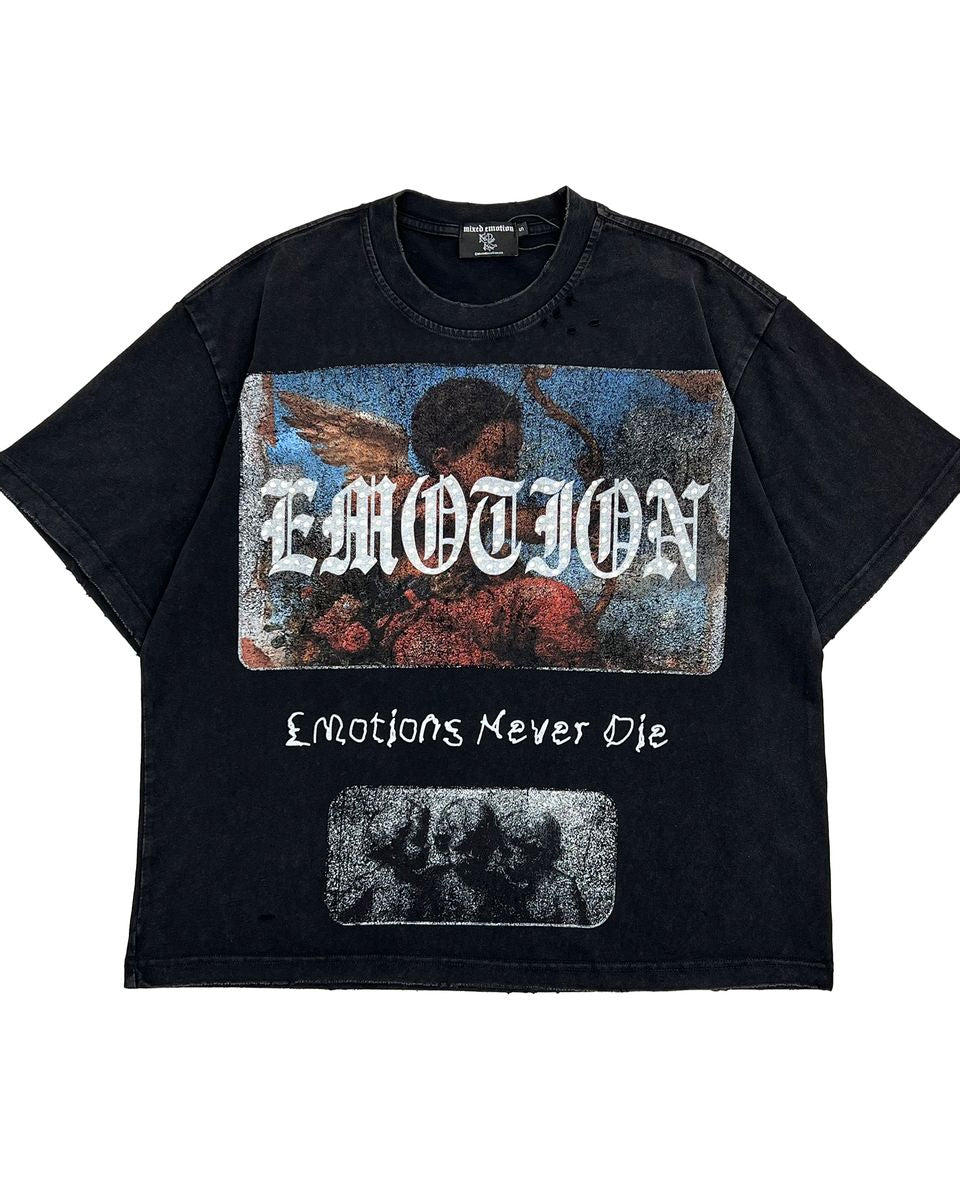 Black t-shirt with graphic design and text on a white background