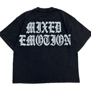 Black t-shirt with 'MIXED EMOTION' text on a white background