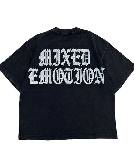 Black t-shirt with 'MIXED EMOTION' text on a white background