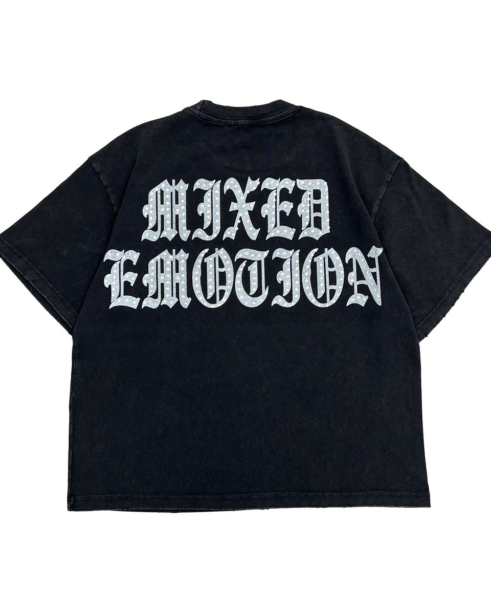 Black t-shirt with 'MIXED EMOTION' text on a white background