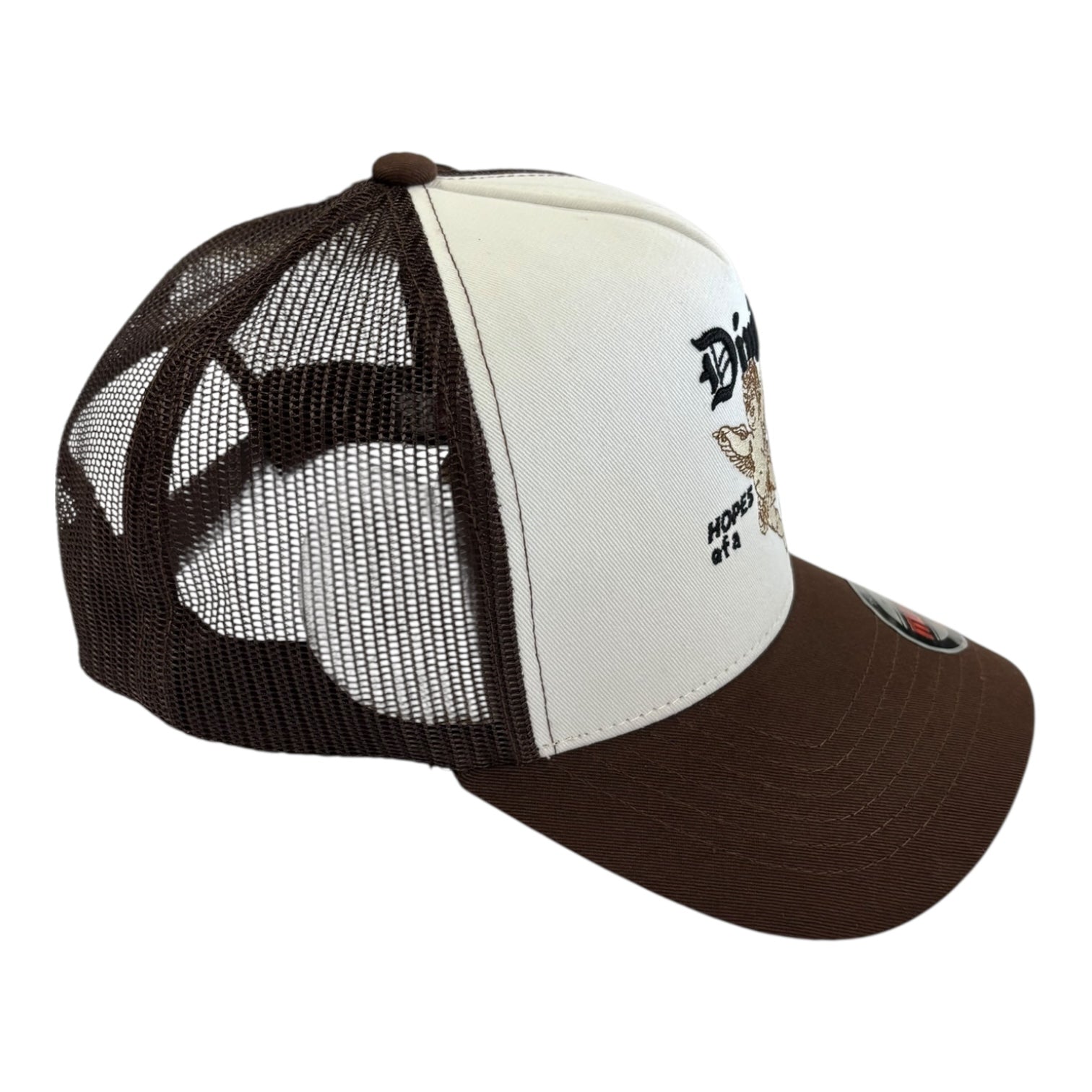 BROWN and white cap with mesh back on a white background
