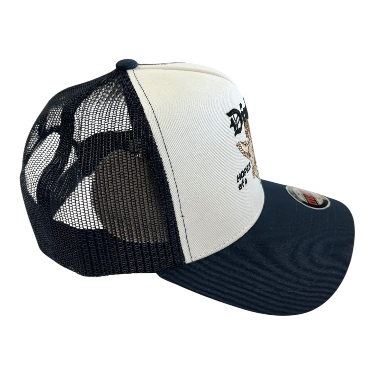 NAVY and white cap with mesh back on a white background