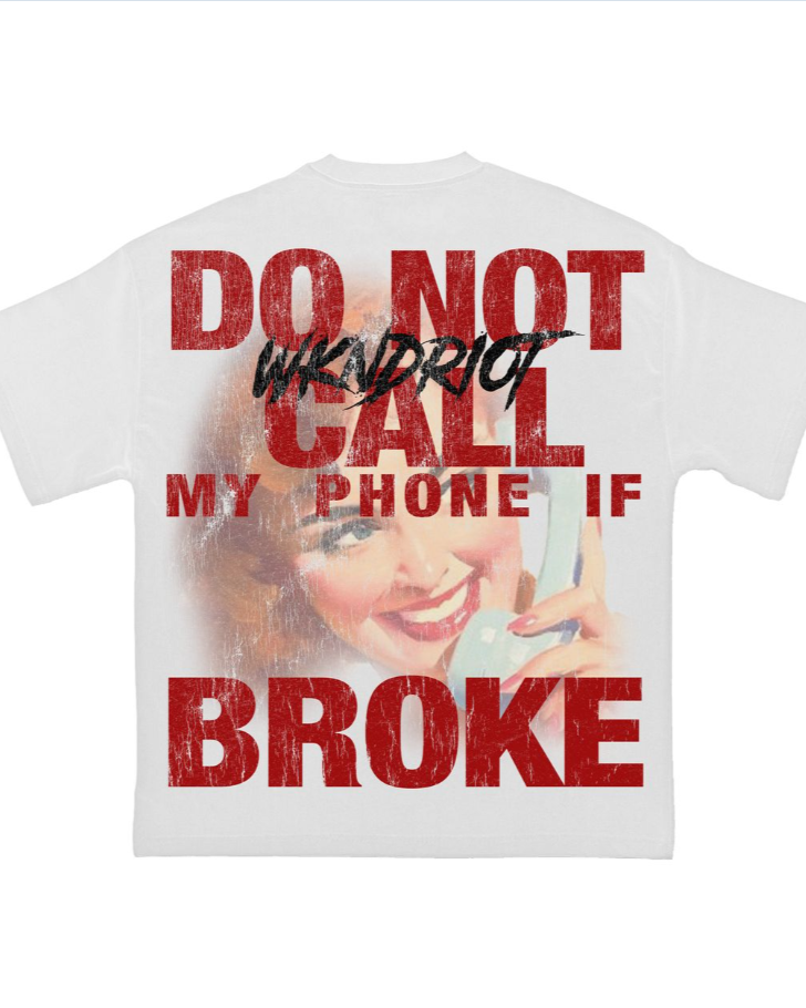 White t-shirt with red and black text and a graphic of a woman on a white background