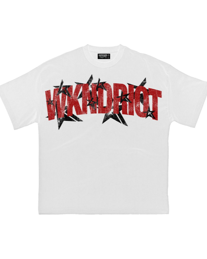 White t-shirt with red and black graphic design on a white background