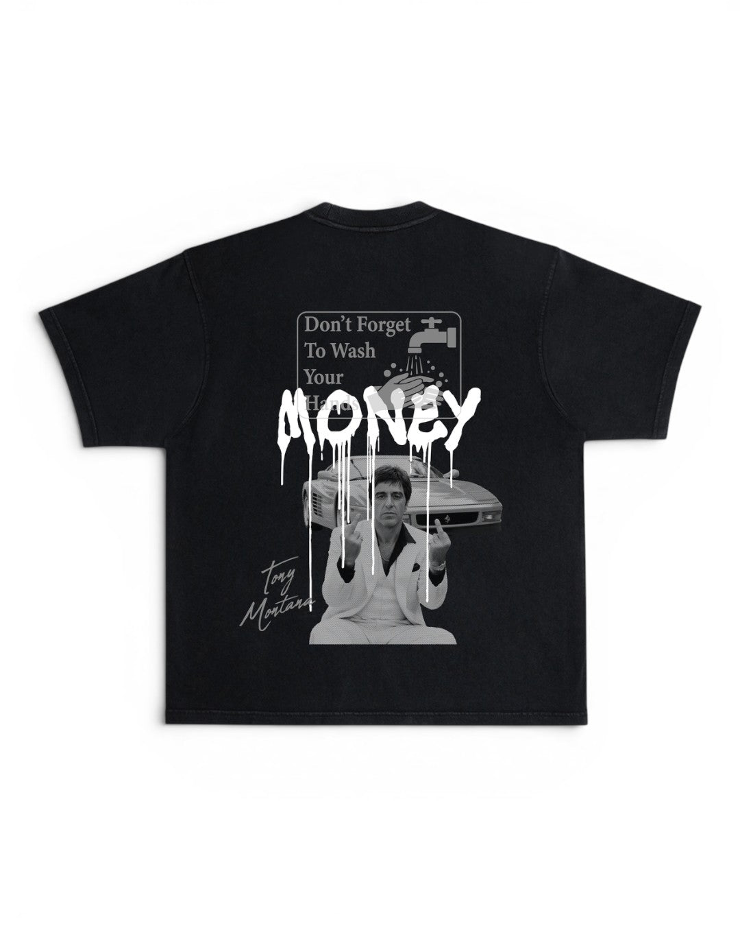 A black short-sleeve t-shirt with a large white graphic print on the back. The graphic features a sign that reads 'Don't Forget To Wash Your hands' with a dripping paint effect, says 