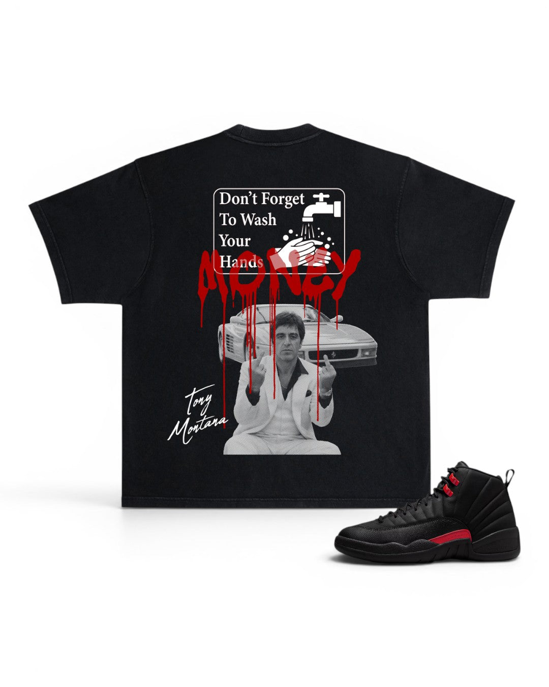 A black graphic t-shirt featuring a horror-themed print with the text 'Don't Forget To Wash Your Hands' and red dripping blood, shown alongside a black and red sneaker on a white background.
