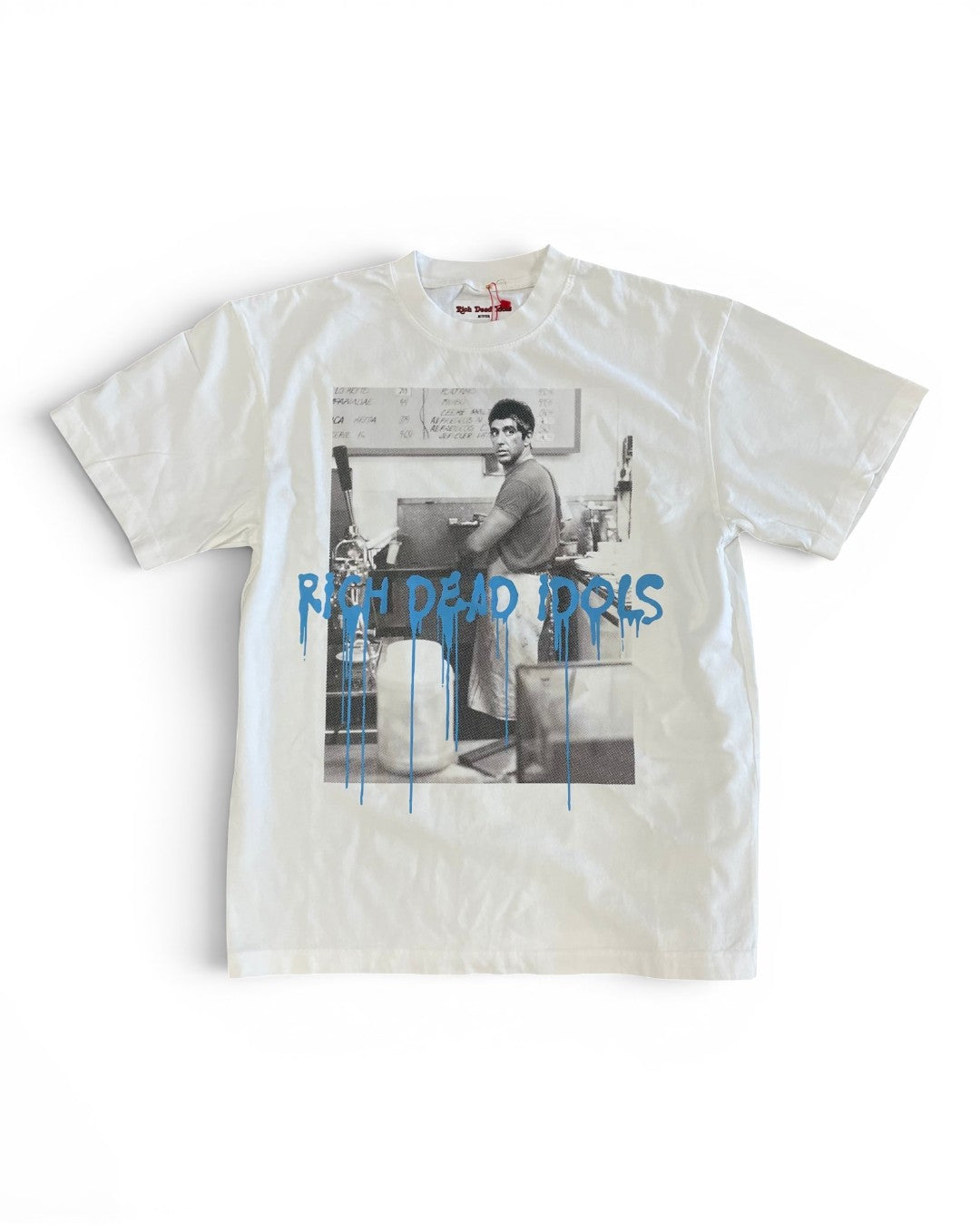 White t-shirt with a graphic design and text on a white background