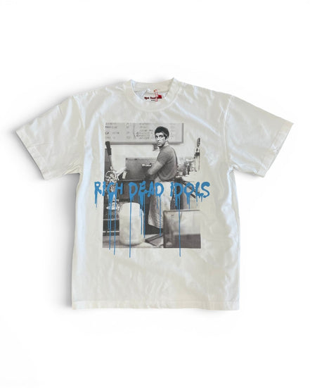 White t-shirt with a graphic design and text on a white background