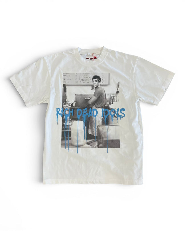 White t-shirt with a graphic design and text on a white background